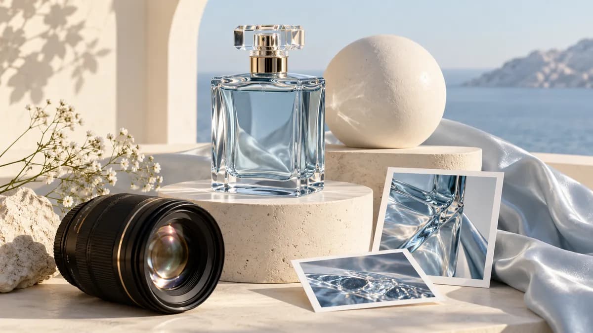 Glass bottle, camera lens and photo details illustrating photorealistic generation.