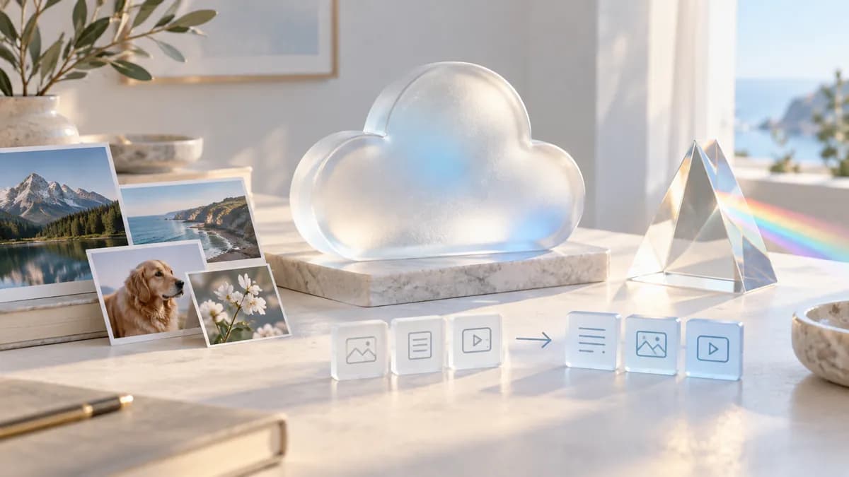 Glass cloud, prism and photo cards illustrating the multimodal Gemini API.
