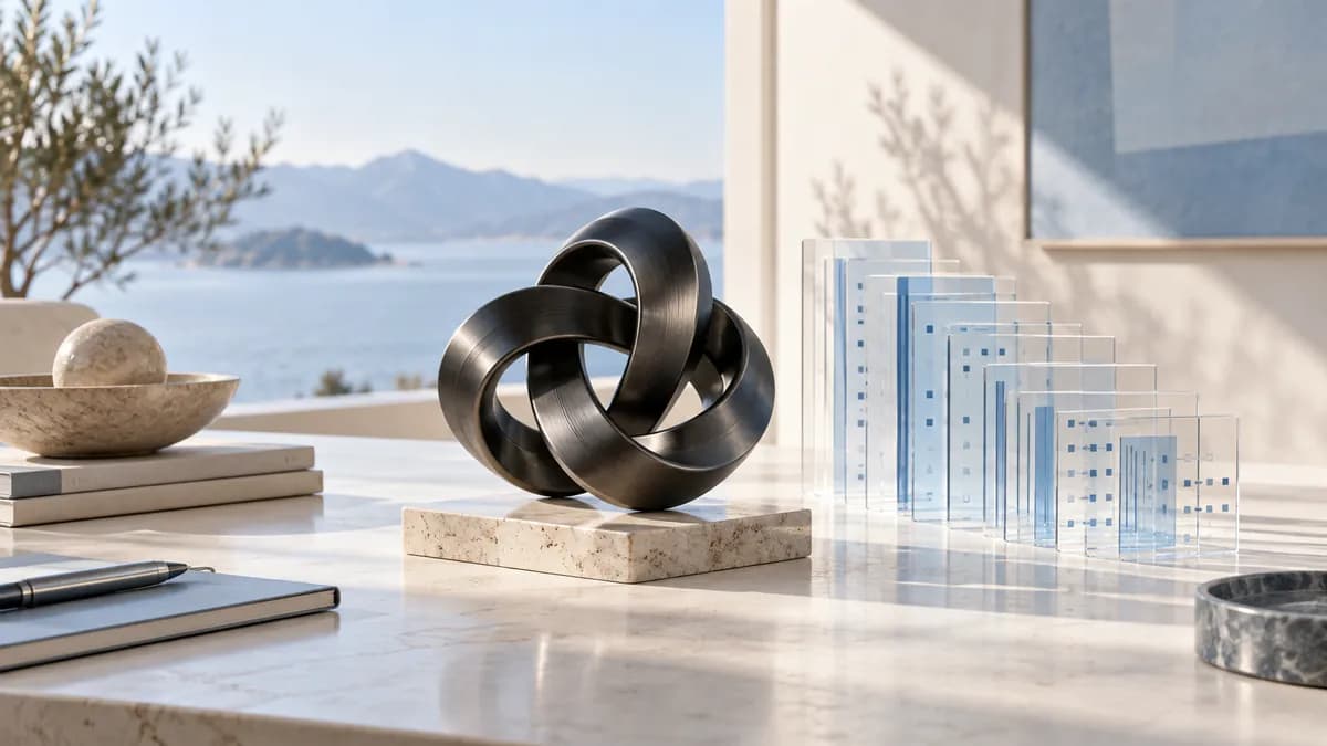 Metal knot and transparent data panels illustrating Grok reasoning and context.