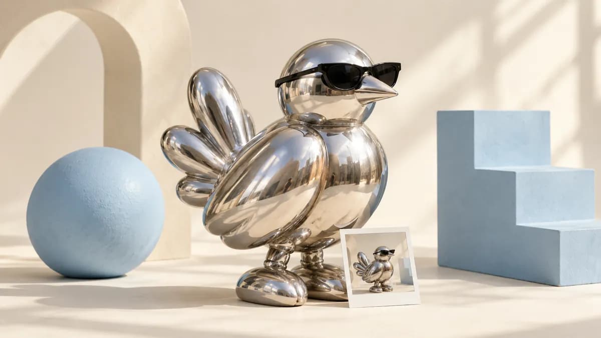 Silver bird sculpture with sunglasses, an editorial illustration of creative image generation.