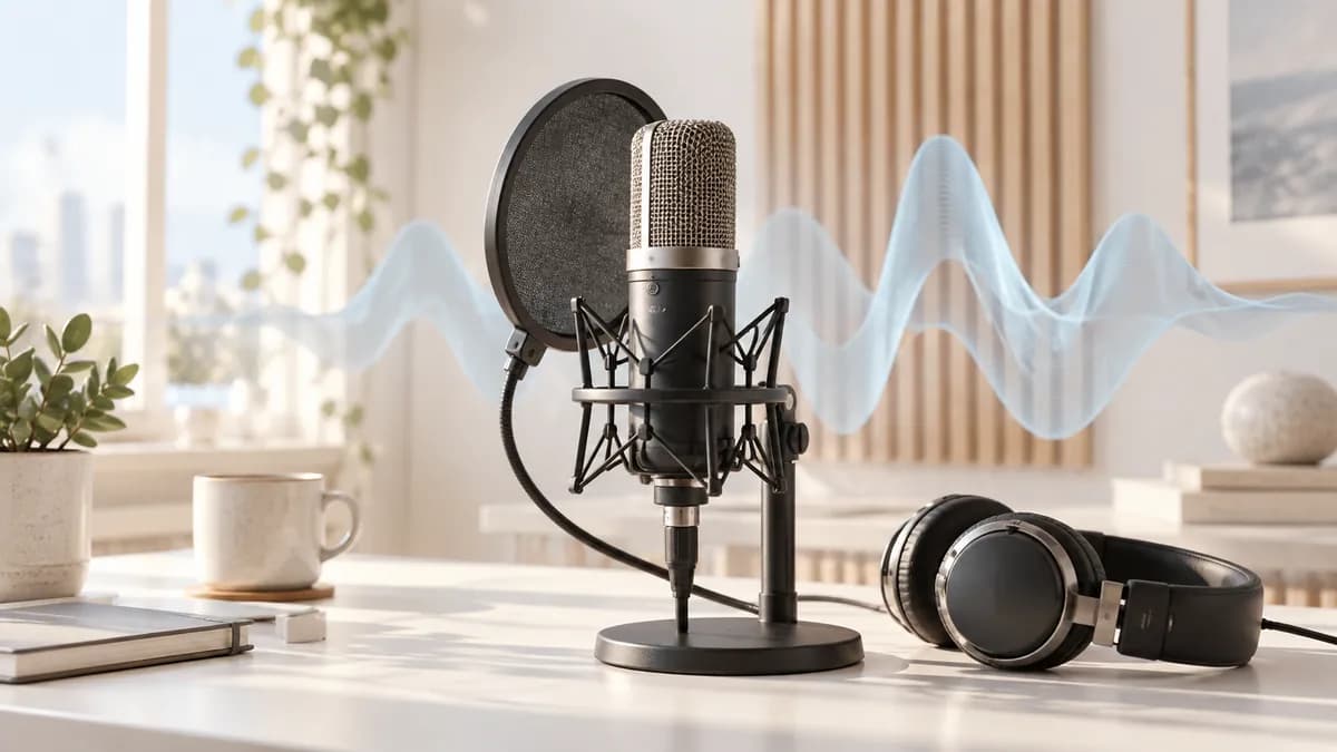 Studio microphone, headphones and a sound wave illustrating speech synthesis.